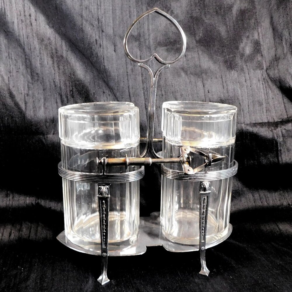 Cut Crystal Heart Shaped EPNS Two Jar Condiment Set with Rack &Serveware # 26013
